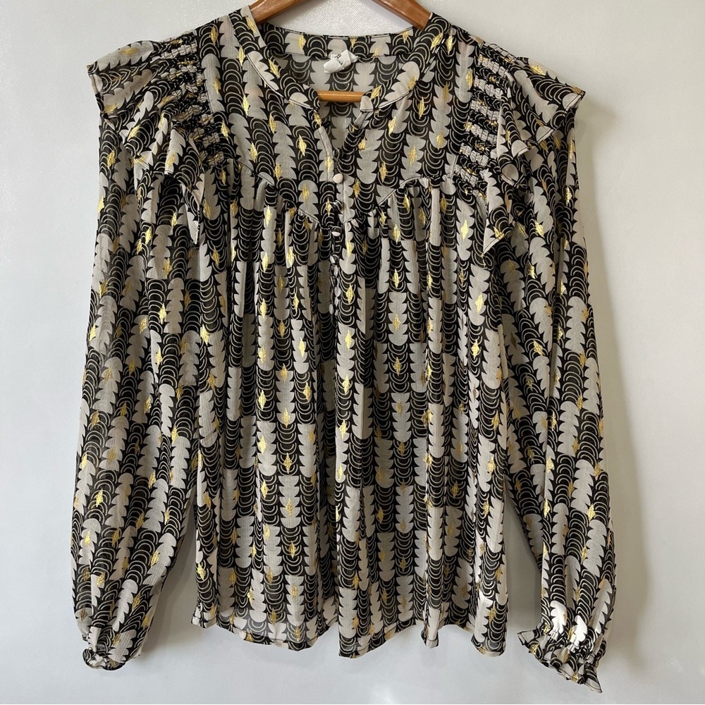 Anthropologie Flawless Black Gold Ruffles Blouse Top